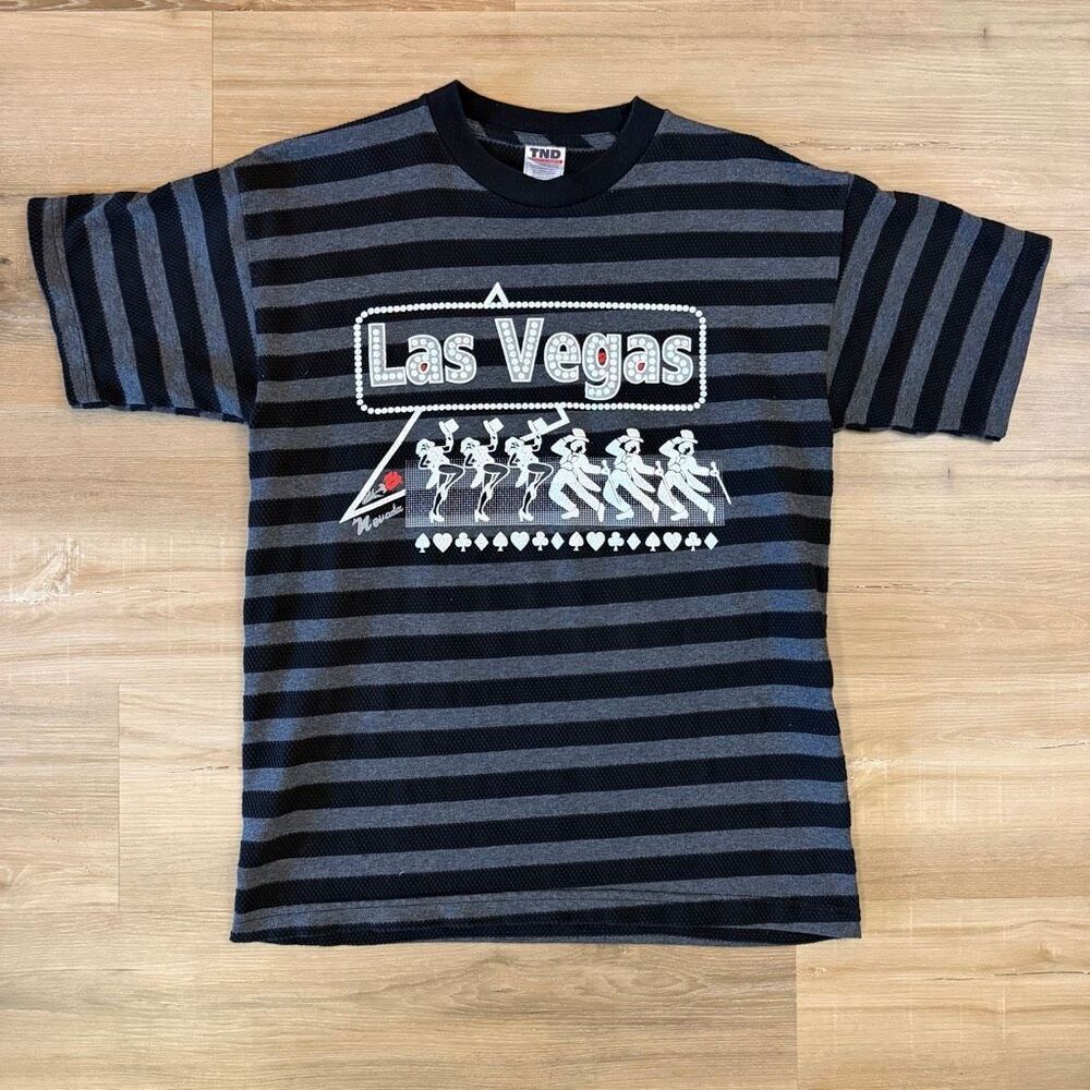 Vintage Y2K Las Vegas Nevada Black And Gray Striped Shirt Size Medium 90s Retro